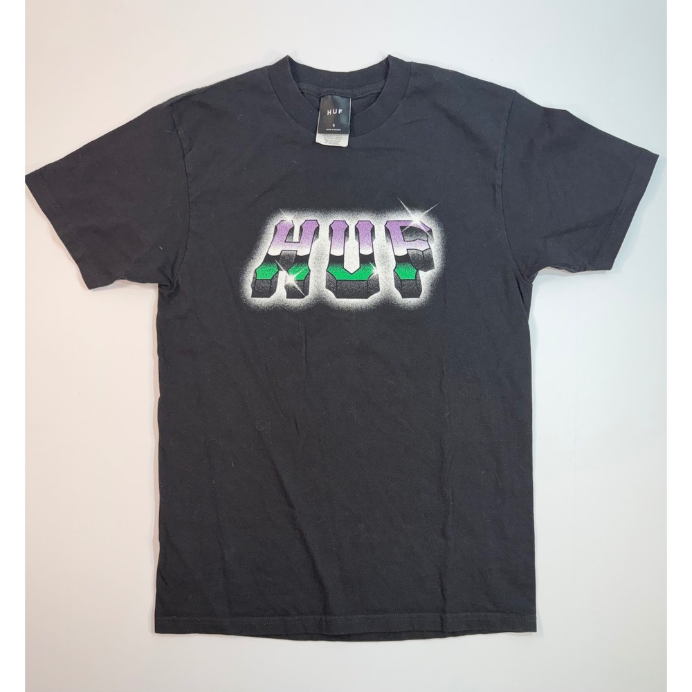 HUF Mens Graphic T-Shirt Black Small‎ 3D Logo Purple Green Streetwear Cotton Tee
